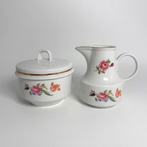Vtg Henneberg Porzellan GDR Creamer &‎ Sugar Bowl Floral Roses Gold Trim 1777